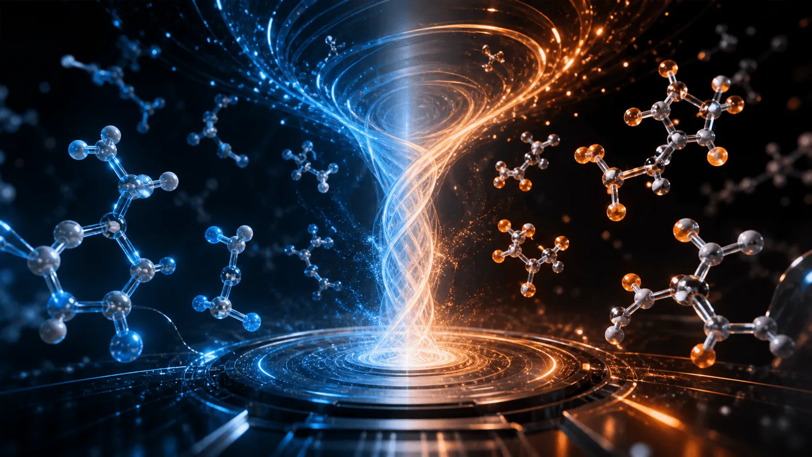 futuristic and cinematic macro-photography style conceptual image showing a swirling vortex of glowing light interacting.webp