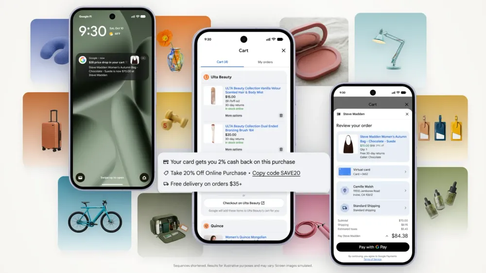 Google Payのショッピング機能を紹介する画面。カート