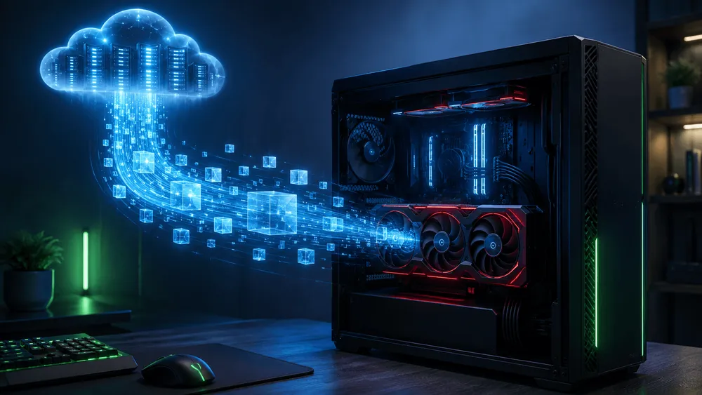 Windows gaming PC receiving precompiled shader packages from a cloud game store pipeline.webp