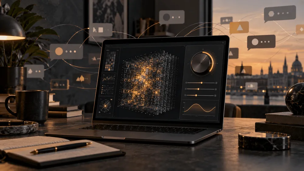 未来的なUIが映るノートPCとデスクトップの風景