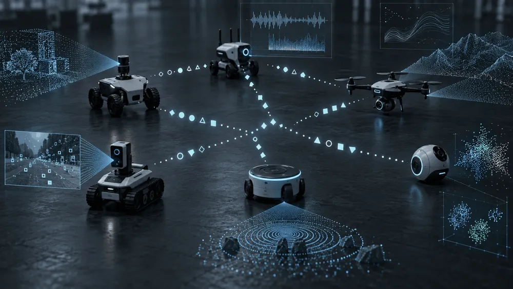 複数のロボットやドローンが連携し、データを共有する様子