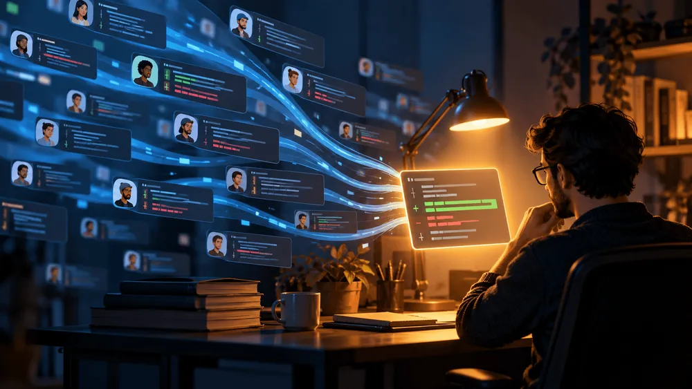 三人の開発者がAIでコードを確認する様子