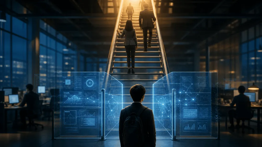 未来的なオフィスで階段を上る人々