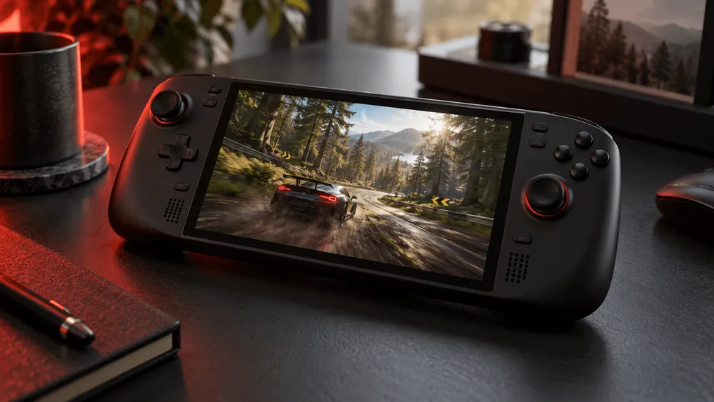 ダークカラーの携帯ゲーム機で森の中を走るレースゲームを表示