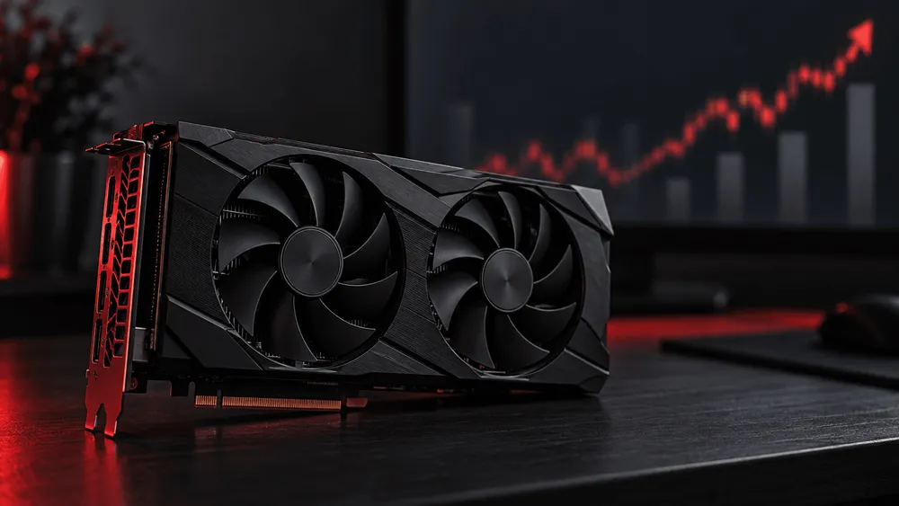 グラフィックボードが上昇する赤い株価チャートの前に置かれてい