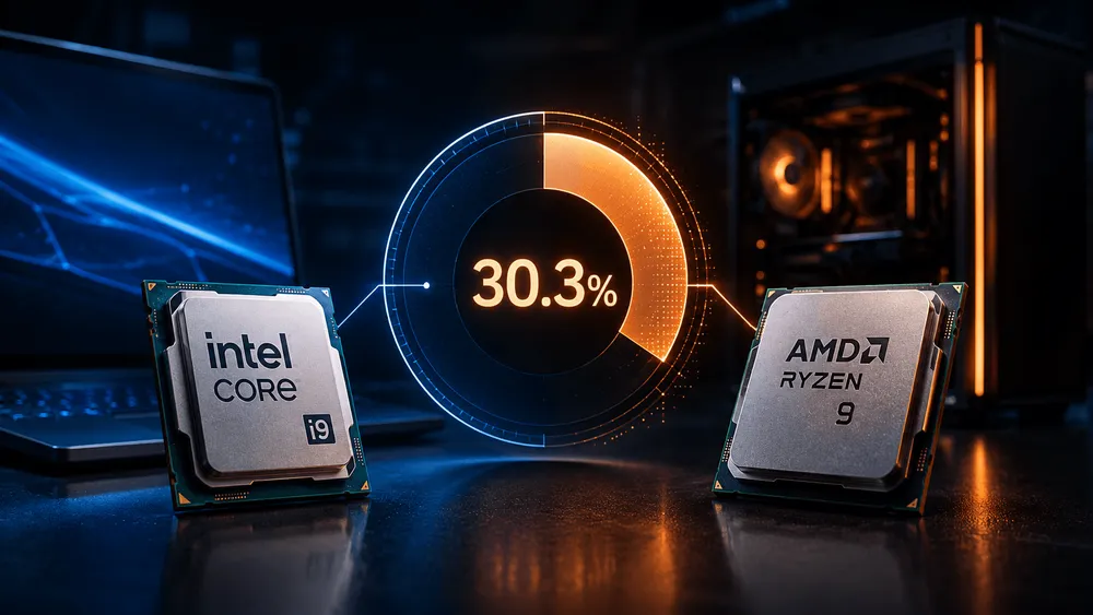 IntelとAMDのCPUと円グラフ
