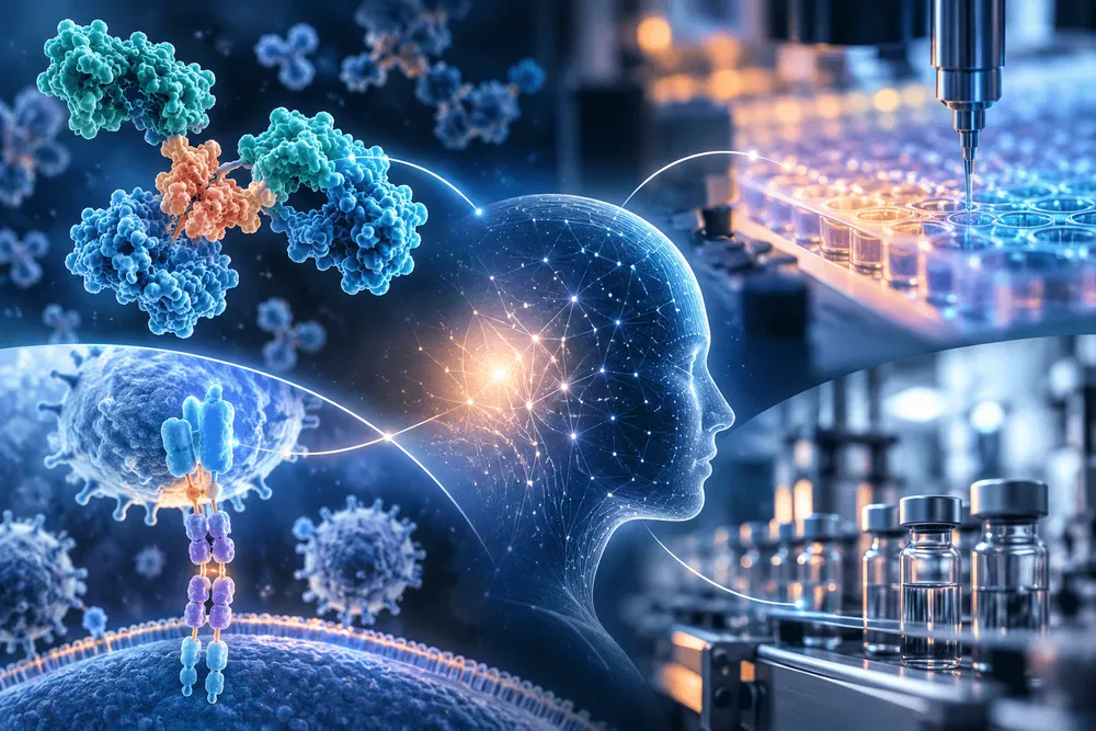 AI創薬によるバイオ医薬品開発のイメージ。抗体分子、細胞、A