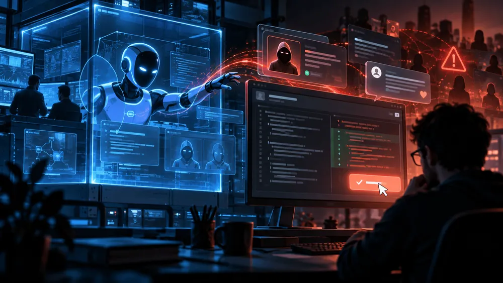 AI搭載の防御システムと赤い脅威が対峙し、PCで作業する人物
