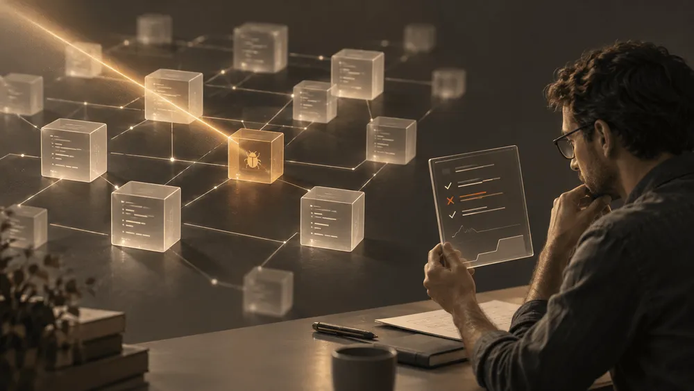 ガラスのブロックが連なるネットワーク上で、バグ印の付いたブロ