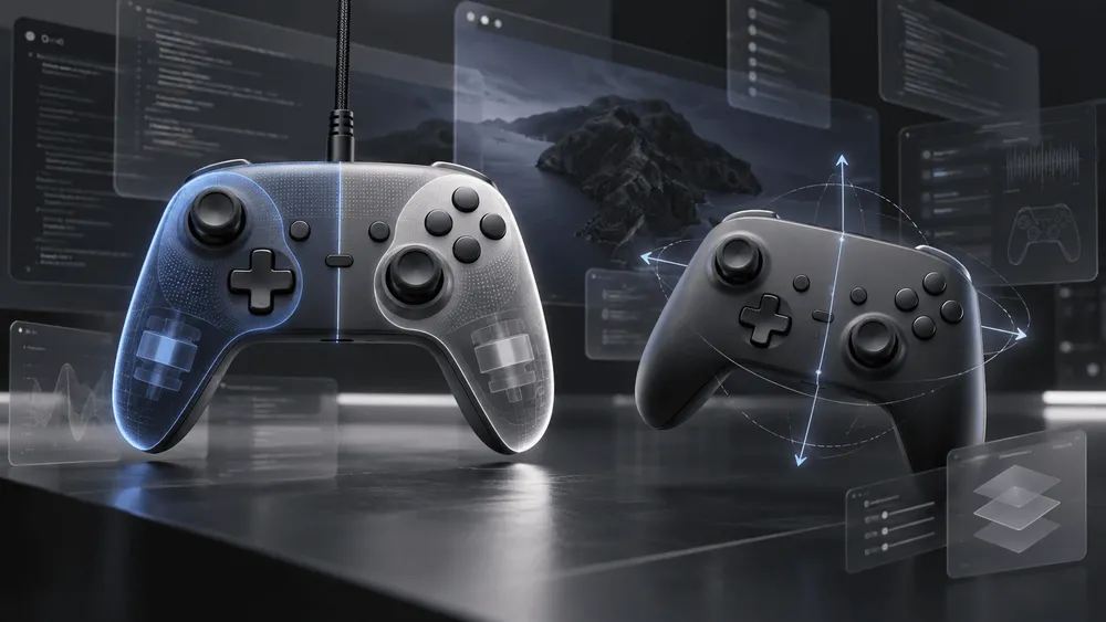 近未来的なゲームコントローラーが並ぶテック系画像