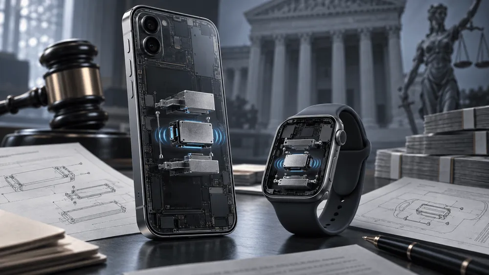 スマホとスマートウォッチの内部部品と法廷・裁判の象徴(木槌、