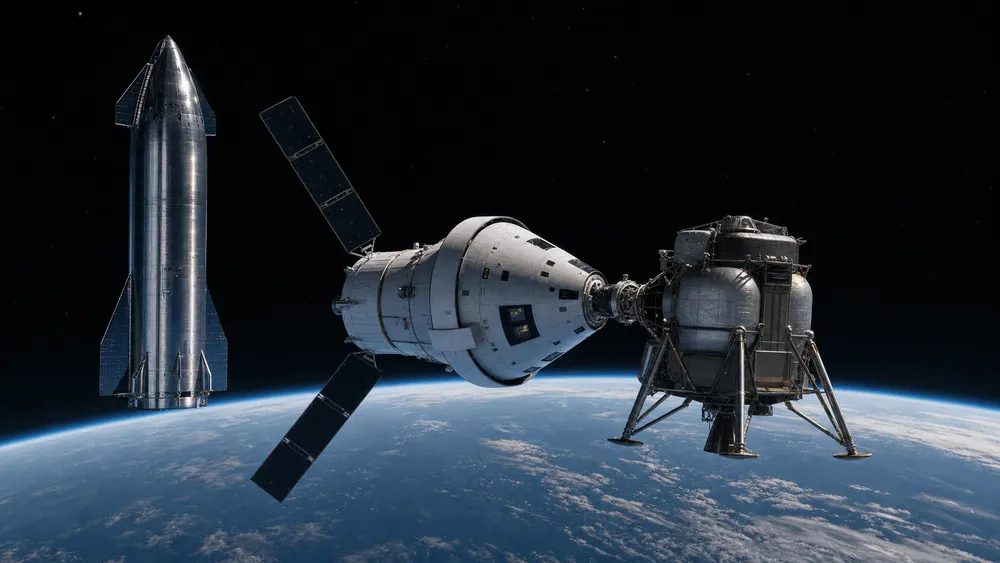 宇宙空間で地球を背景にした宇宙船