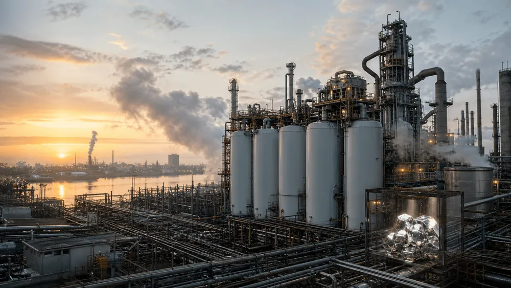 石油精製所の夕景と銀塊