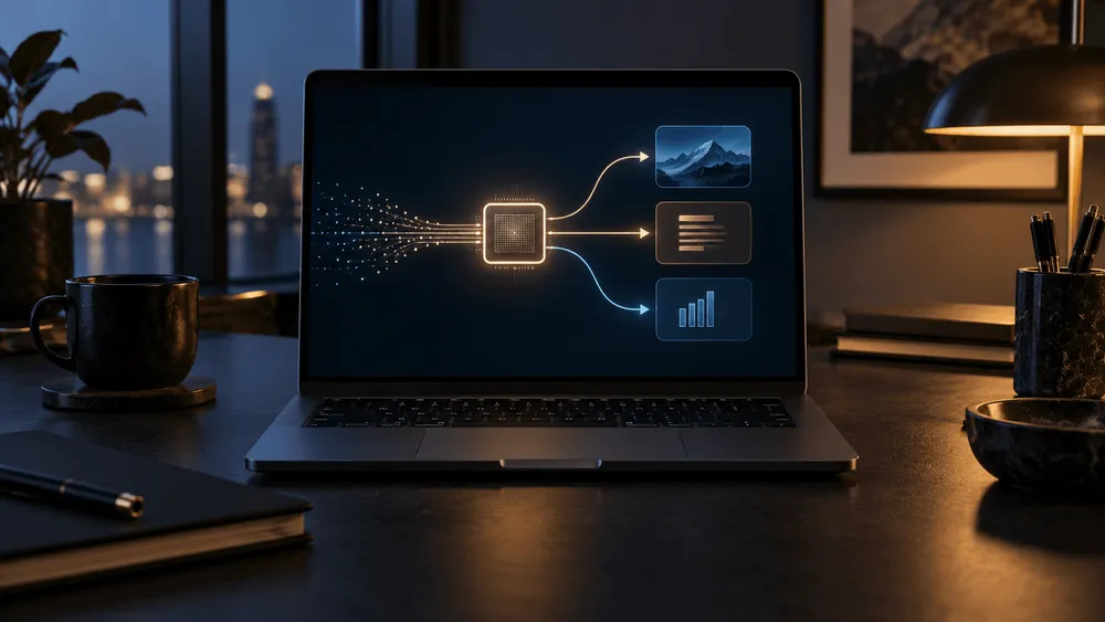 AIによるデータ処理を表すノートPC画面