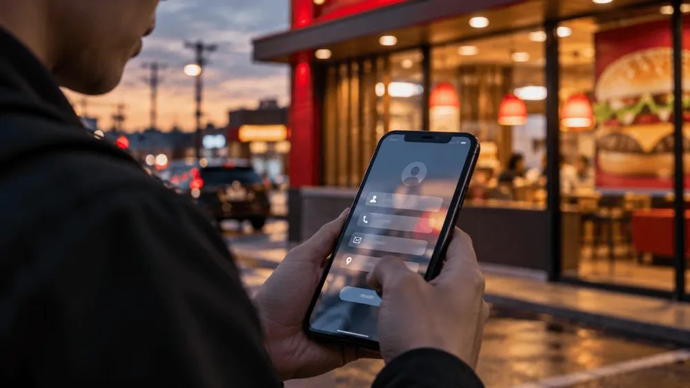 ハンバーガー店の前で、スマホで個人情報入力フォームを操作する