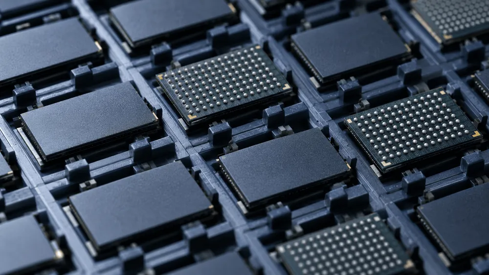 メモリチップが整然と並ぶ半導体トレイ