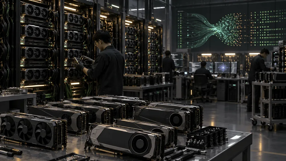 GPUを組み立てる作業員と、AI処理のデータ可視化が映るサー