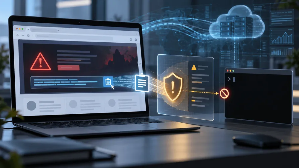 ノートPCの画面に警告表示とクリップボードアイコンが現れ、盾