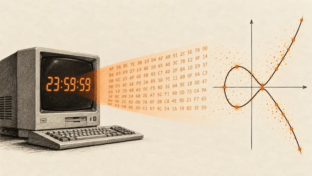レトロなPCの画面に23:59:59と表示され、橙色の16進