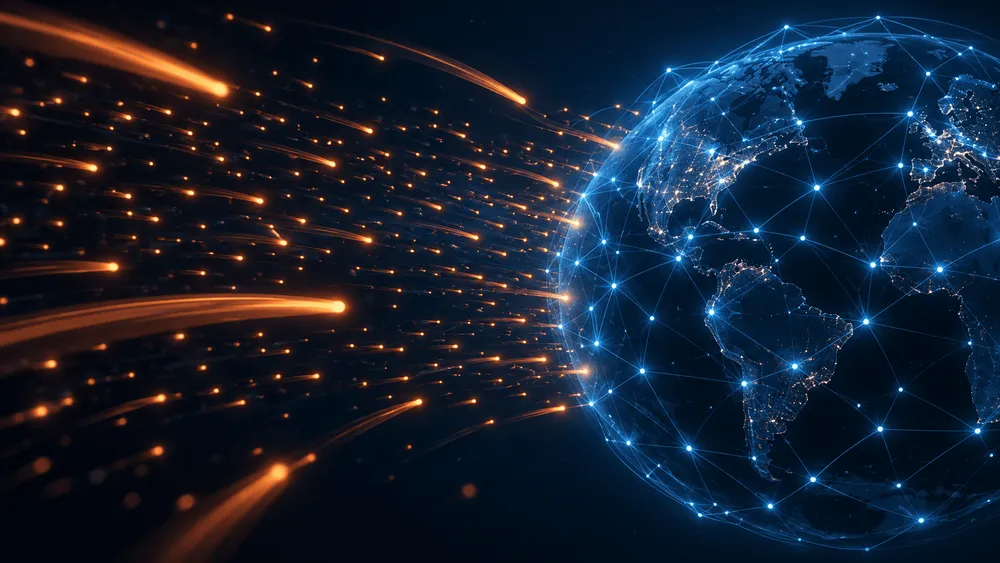 地球を囲むネットワークへ光の流れが集中する様子