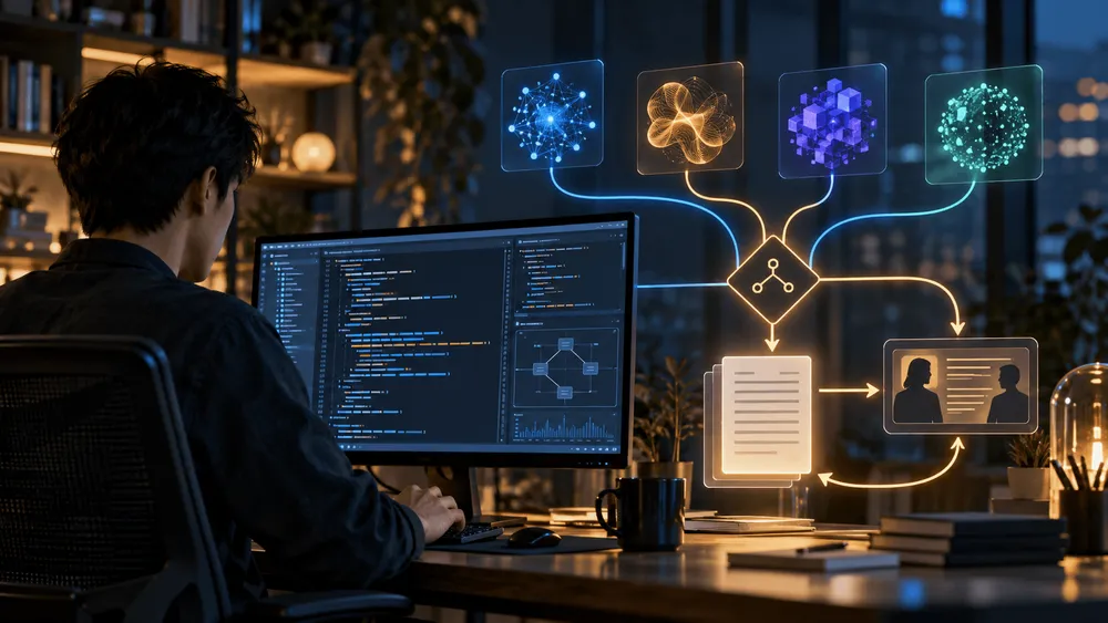 夜のオフィスで画面のコードを見る男性と、AIモデルが文書や対