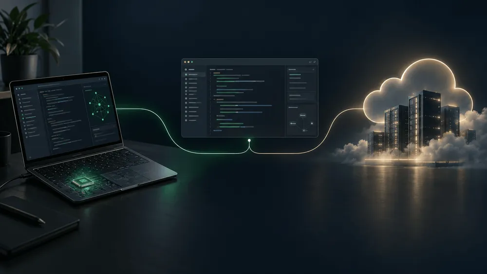 ノートPCのコードと、クラウドのデータセンターが光る線でつな