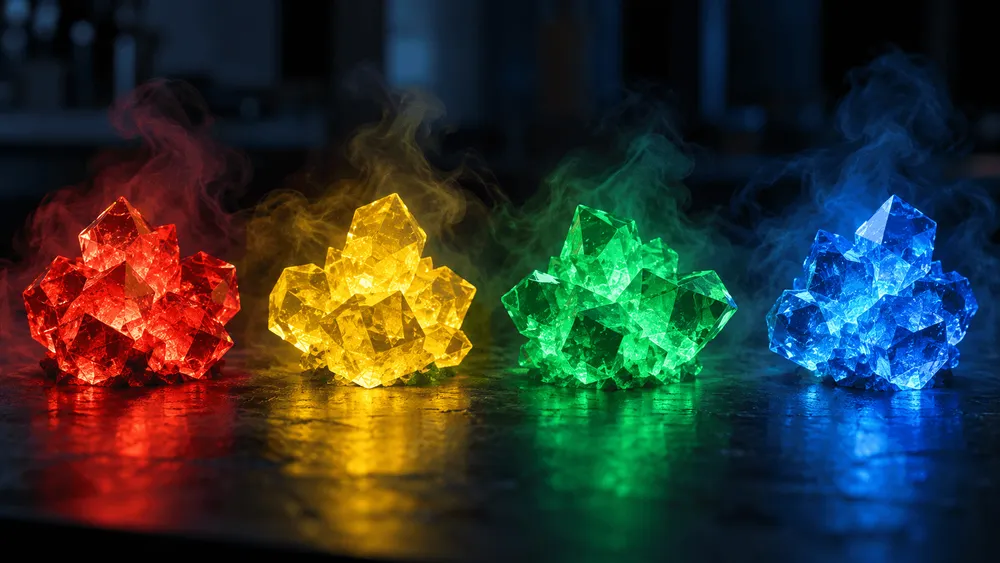 4つの発光する結晶が並び、赤・黄・緑・青の煙が立ち上る