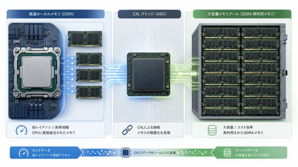 CPUとDDR5メモリ、CXL接続のDDR4メモリ