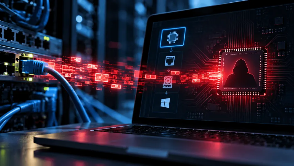 ネットワークケーブルからノートPCへ、赤い不正データが侵入す