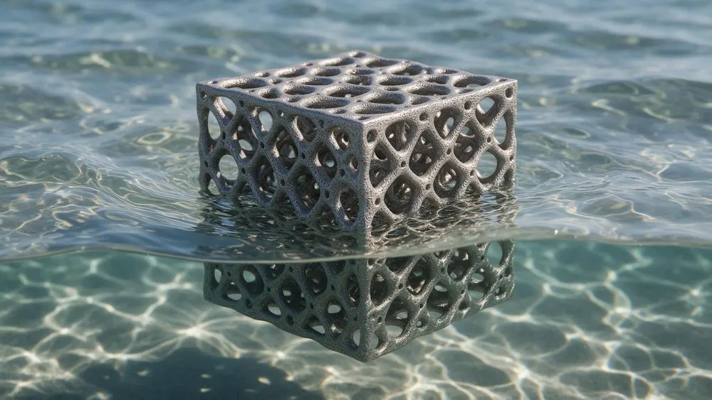水面に浮かぶ複雑な網目状の金属製キューブ
