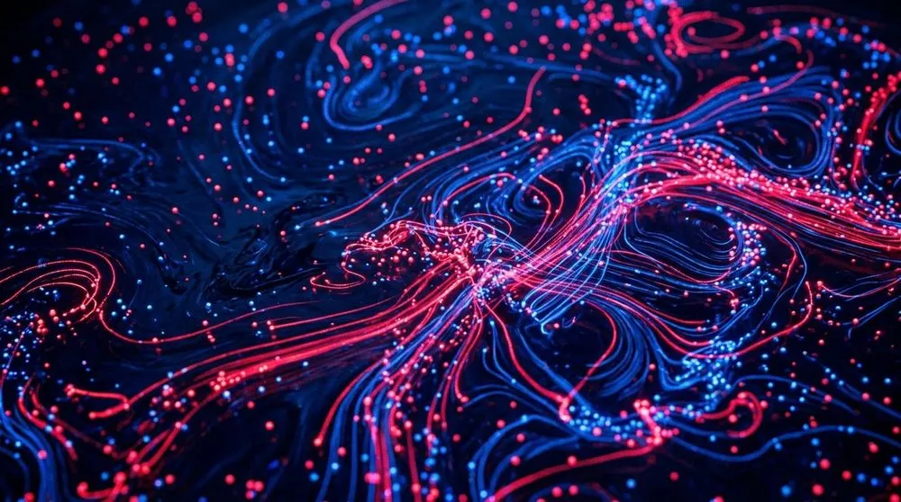赤と青の光の線と点が渦巻く様子
