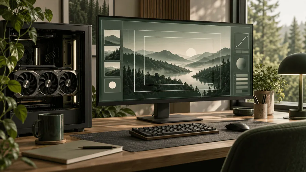 デスクに置かれたモニターと自作PC、植物のある作業空間の写真