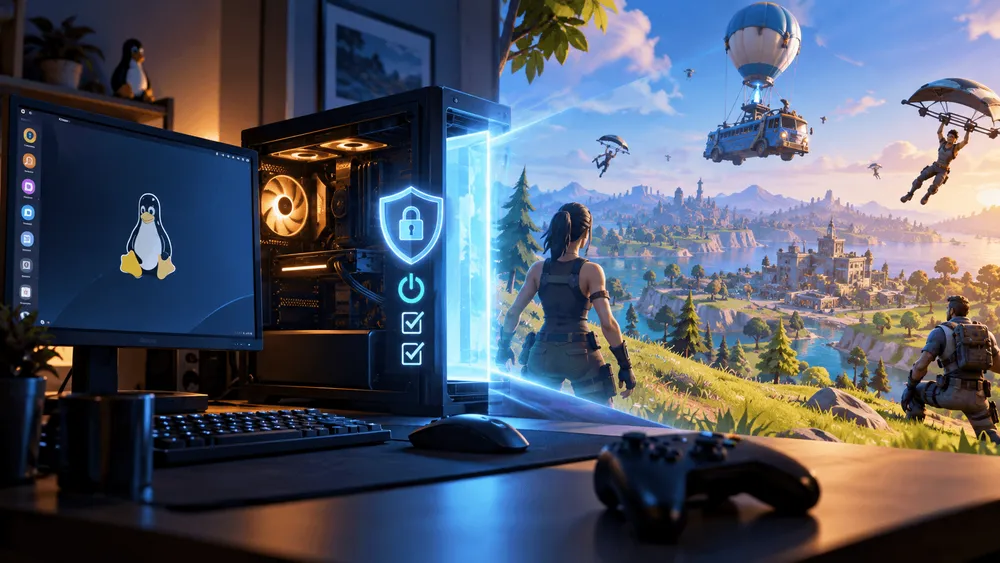 Linux搭載PCでバトルロイヤルゲームを遊ぶ様子