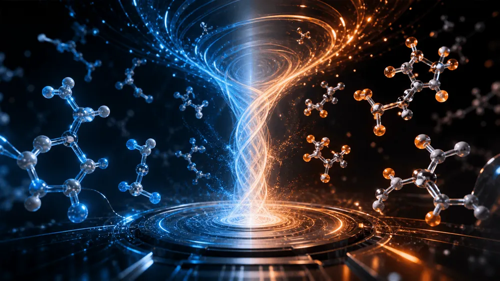 futuristic and cinematic macro-photography style conceptual image showing a swirling vortex of glowing light interacting.webp