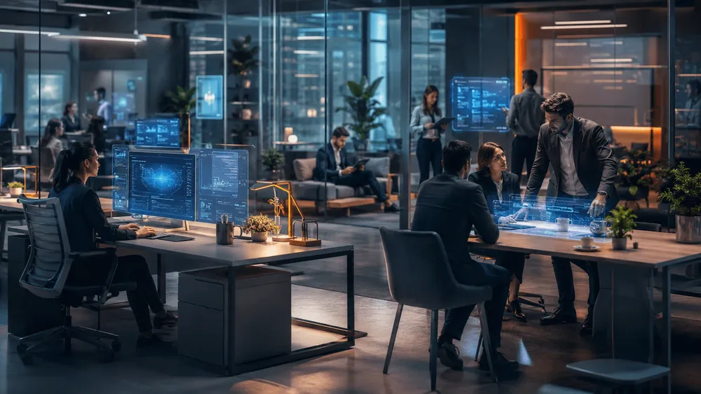 futuristic open-plan corporate office where human workers are collaborating with subtle holographic interfaces.webp