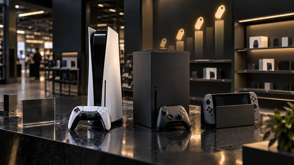 ゲーム機3機種と価格タグが並ぶ店舗の陳列