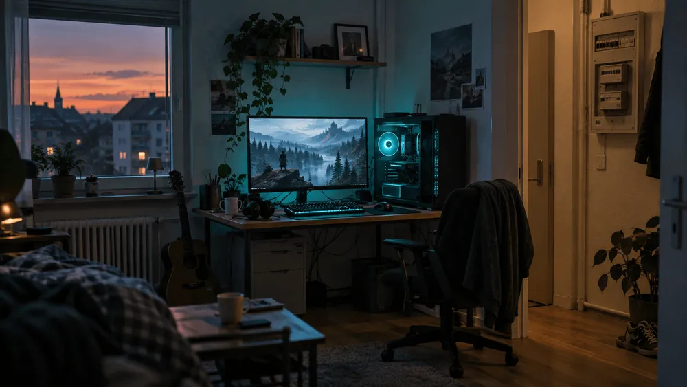 夕暮れの街が見える、PCが置かれた部屋