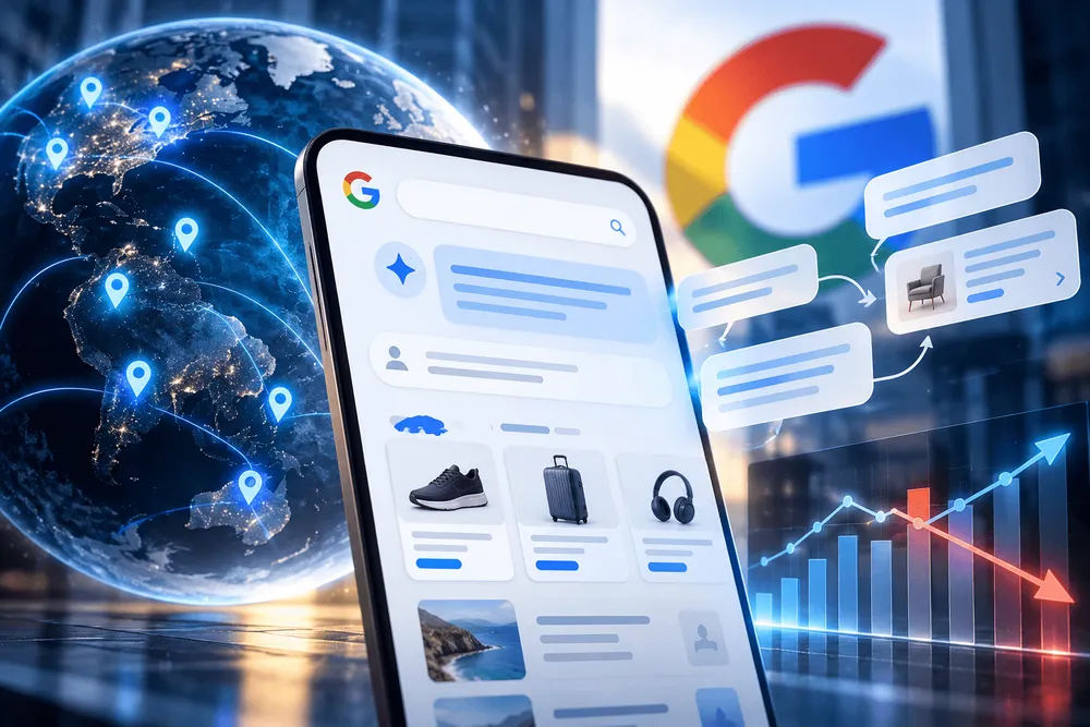 Googleの検索画面を表示したスマートフォンと、地球・グラ
