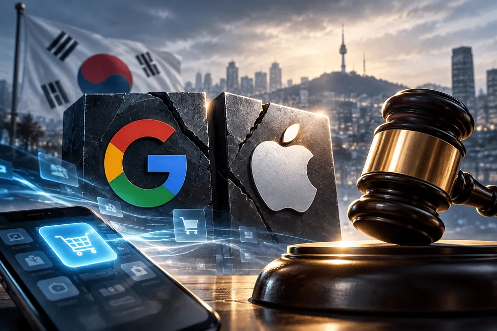 韓国の国旗とソウルの街並みを背景に、ひび割れた石板のGoog