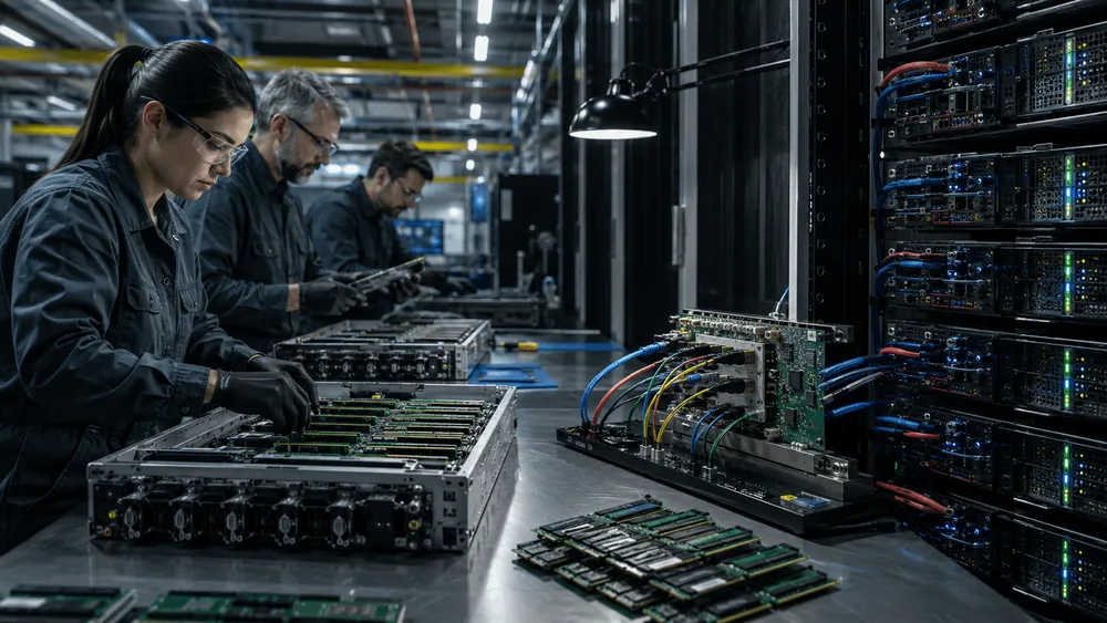 serverの組み立て作業をする作業員
