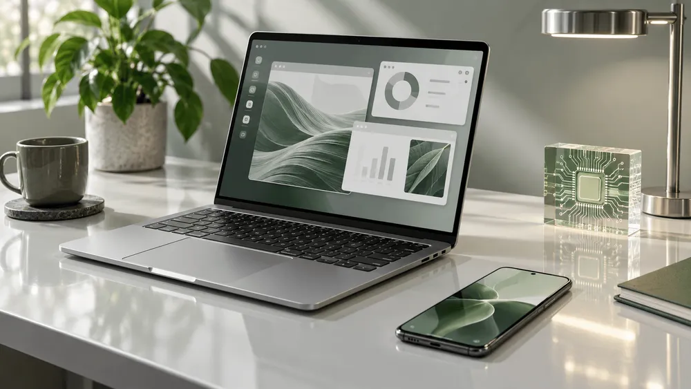 グリーン調で統一されたデスク周りの風景