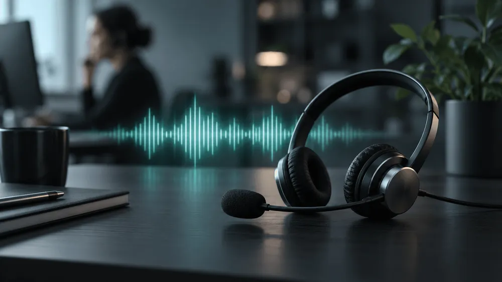 ヘッドセットと音声波形のイメージ、奥で作業する人物