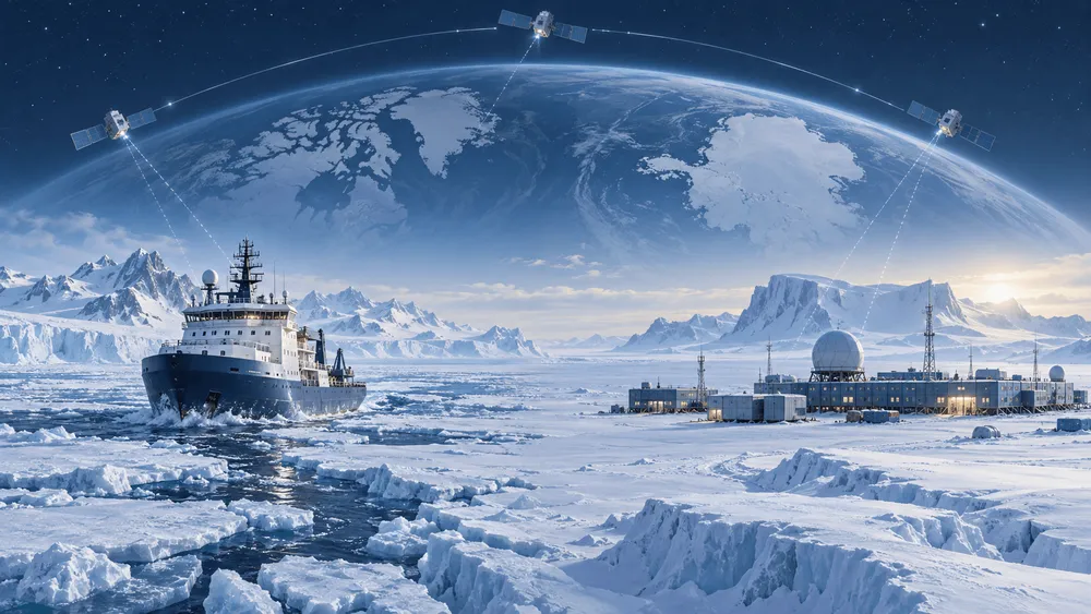 北極・南極の氷海を進む砕氷船と、衛星で通信する極地研究基地