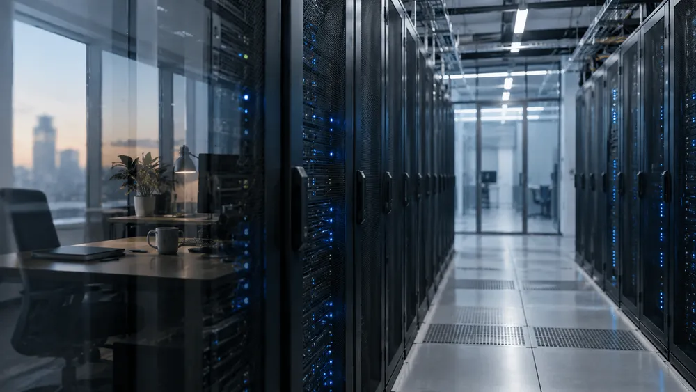 サーバーラックが並ぶデータセンターと、窓際のデスク