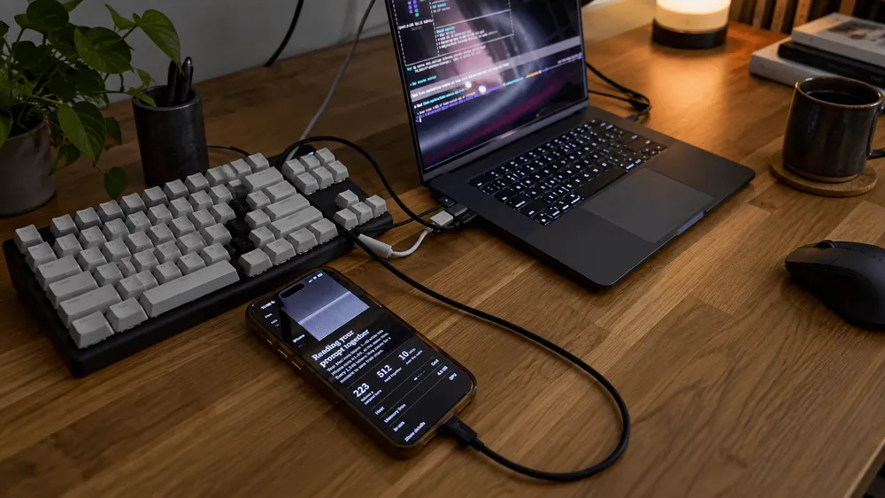 ノートPC、キーボード、スマートフォンが置かれたデスク