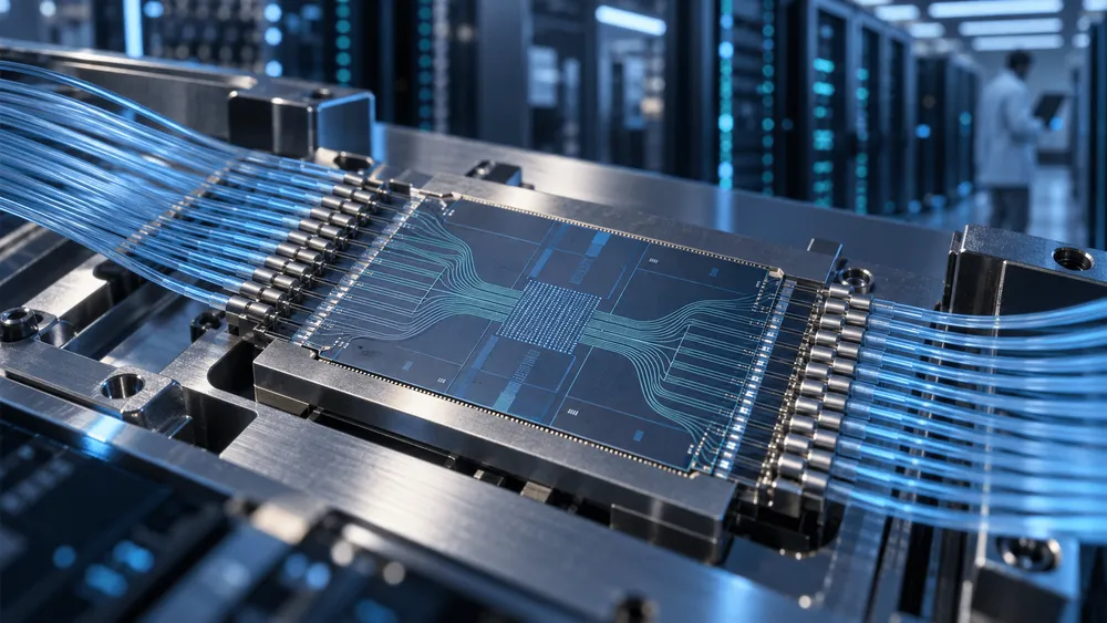 光ファイバーケーブルが接続された最先端の半導体チップ