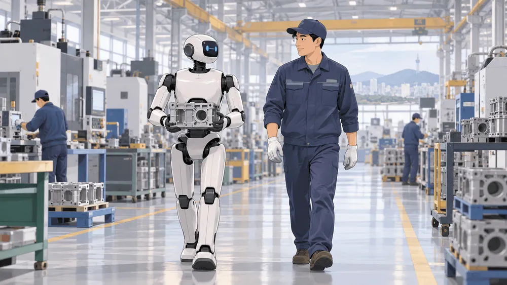 工場でヒューマノイドロボットと作業員が並んで歩く様子
