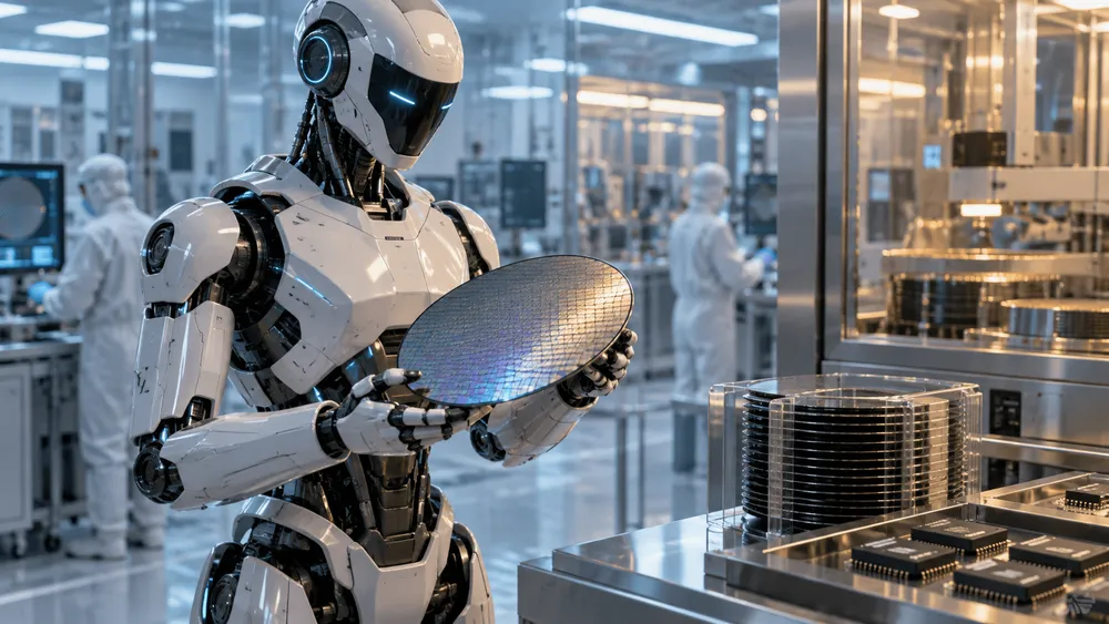 クリーンルームで半導体ウェハを持つ人型ロボット
