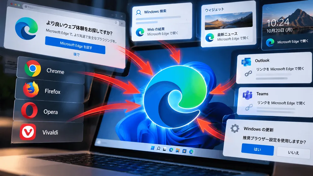 Microsoft Edgeが中央に大きく描かれ、Chrom