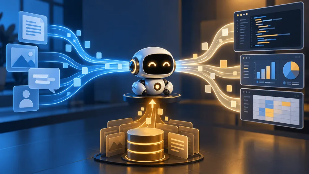 AIロボットがデータを処理し、文書・画像・チャットなどの入力
